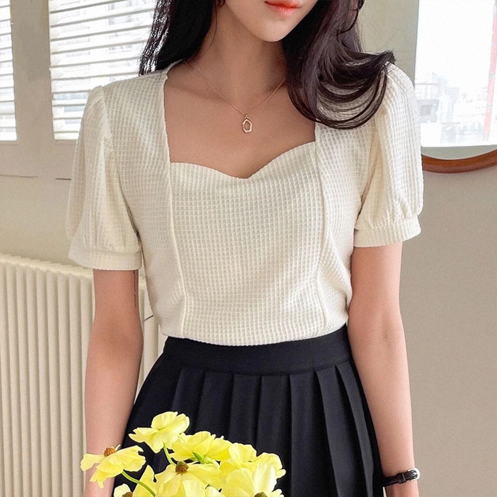 Angelcity Sweetheart Neck Puff Sleeve Waffle Knit Tee Crop Top July