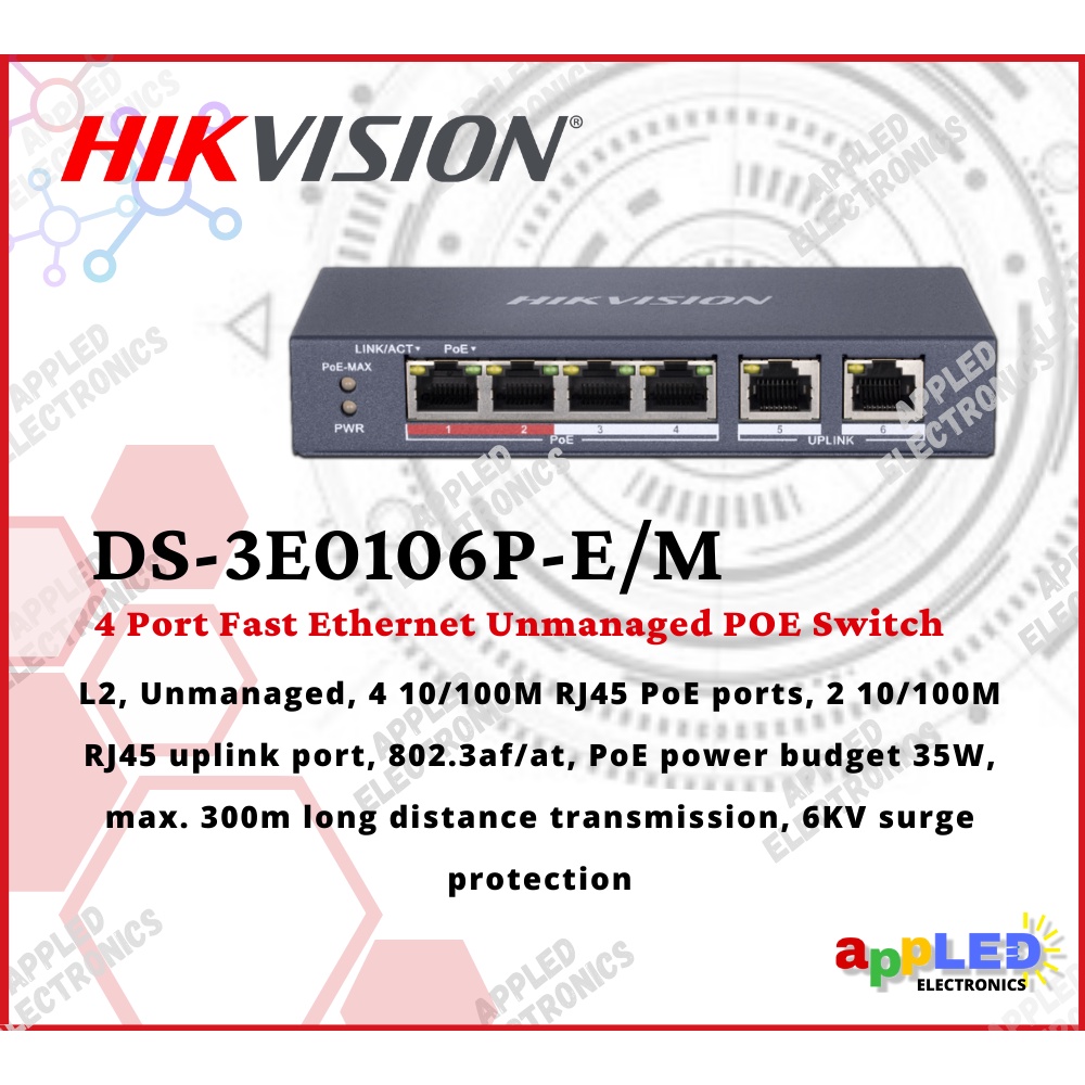 Hikvision DS 3E0106P E M 4 Port Fast Ethernet Unmanaged POE Switch