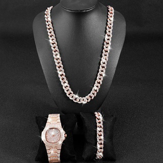 3Pcs Necklace Watch Bracelet Hip Hop Miami Cuban Chain Iced Out Paved