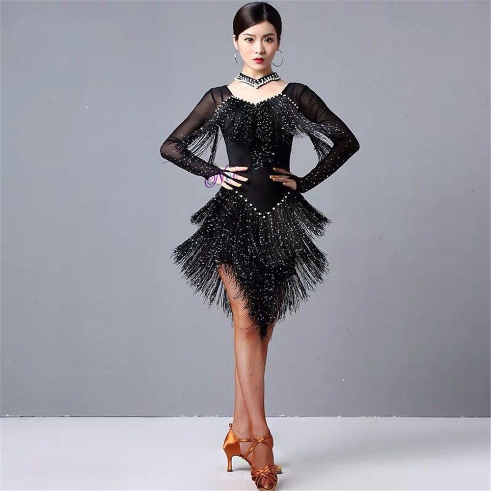 In Stock 2021 New Sexy Latin Dance Dress Women Mesh Sequin Fringe