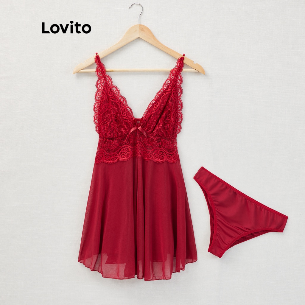 Lovito Sexy Lace High Waist Deep V Neck Nighties Sleepwear Lingerie Set