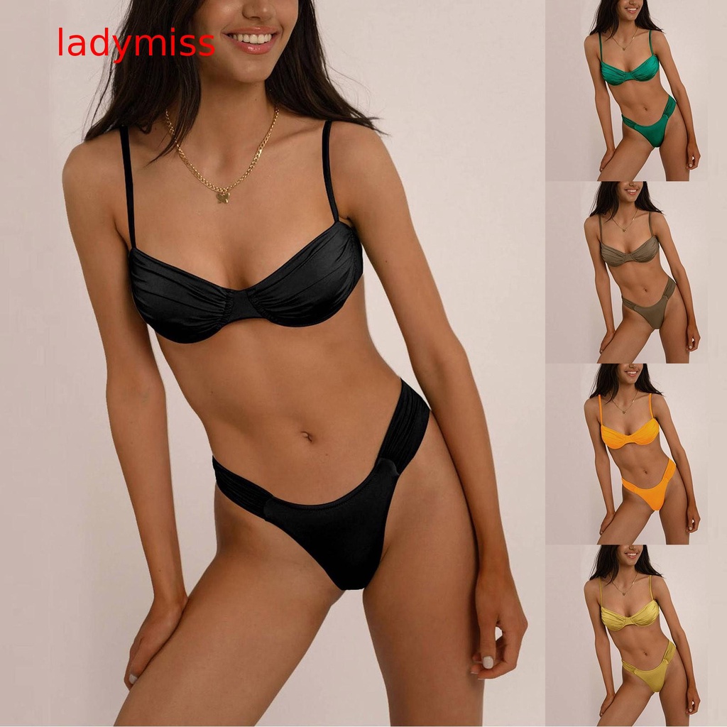 Ladymiss Split Bikini Women Gather Sexy Sling Backless Solid Split