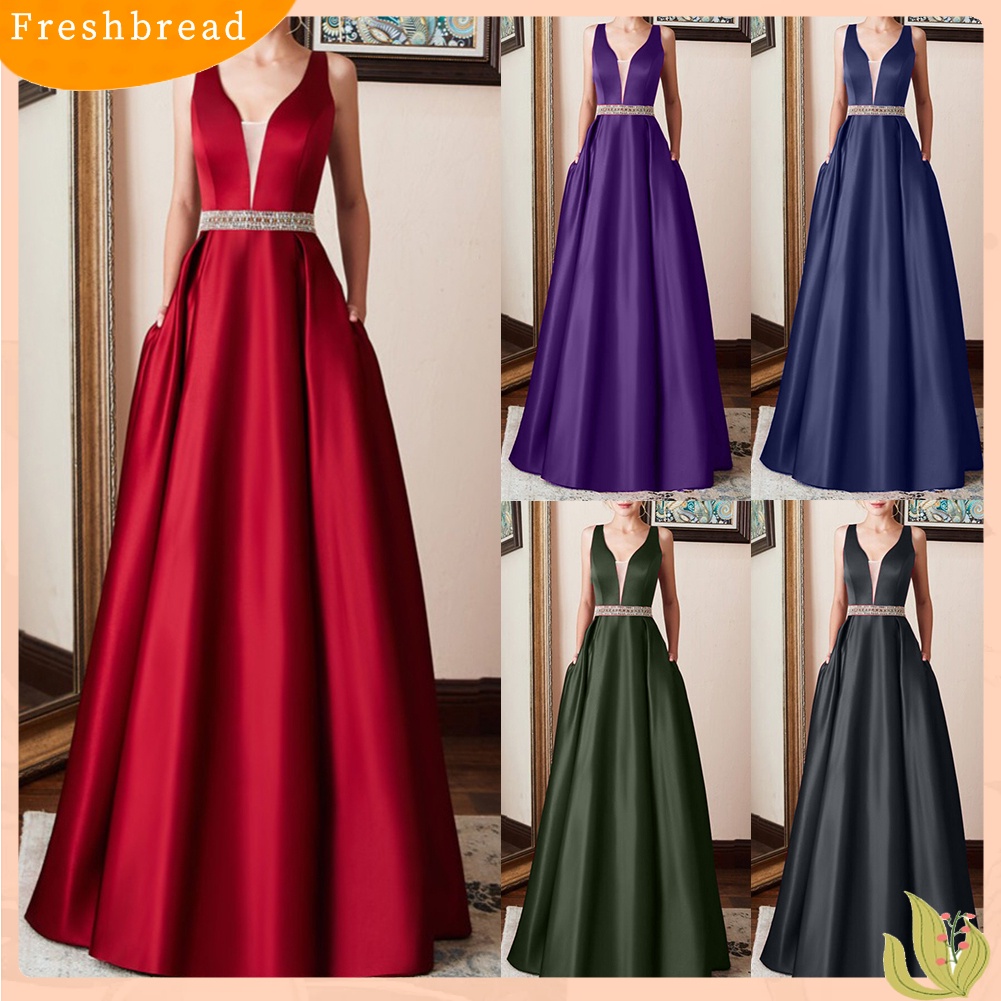 Freshbread Elegant Women V Neck Open Back Sleeveless Satin Formal Prom