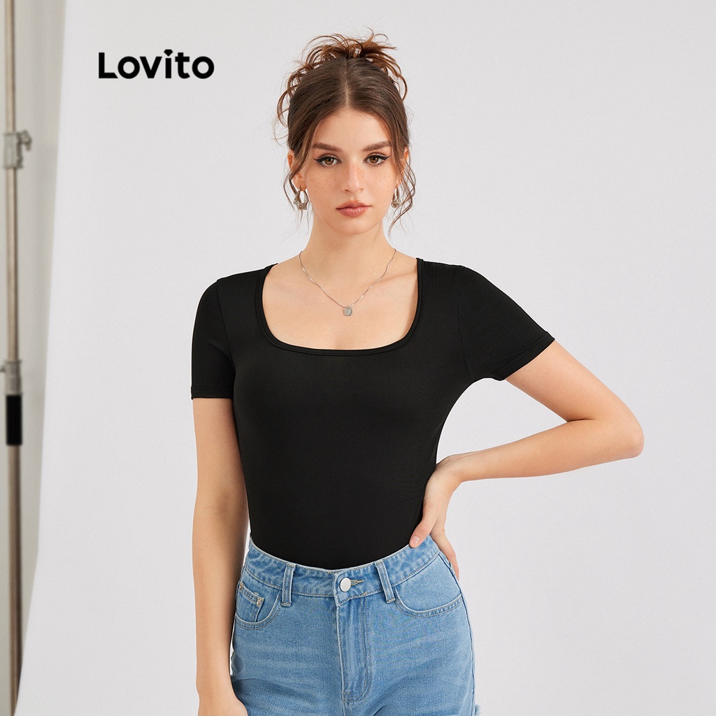 Lovito Casual Plain Basic Square Neck High Elasticity Bodysuit L Ed