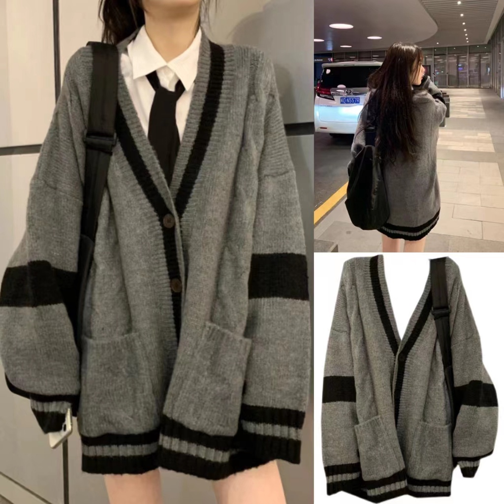 COD Ready StockDeeptown Grey Preppy Fashion Stripe Knitted Oversize