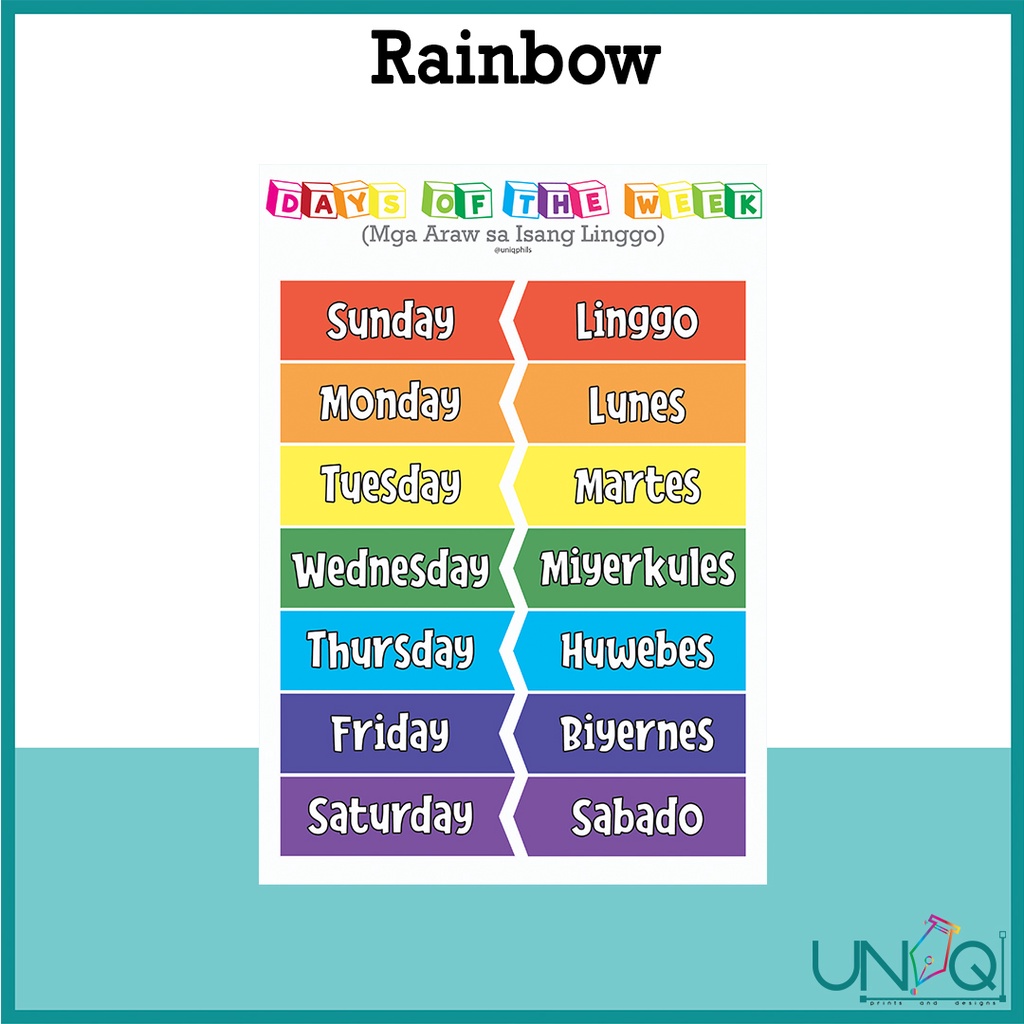 UNIQ Laminated Educational Wall Chart Days Of The Week Color And