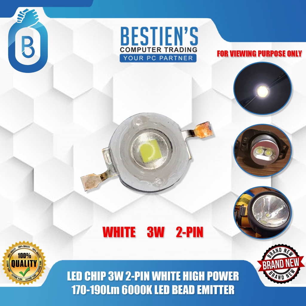 LED CHIP 3W 2 PIN WHITE HIGH POWER 170 190Lm 6000K LED BEAD EMITTER