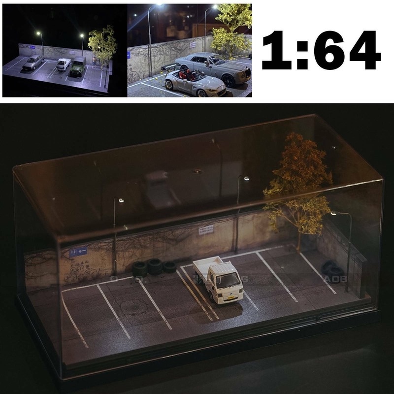 1 64 Diorama Car Garage Model LED Lighting Building Backdrop Car