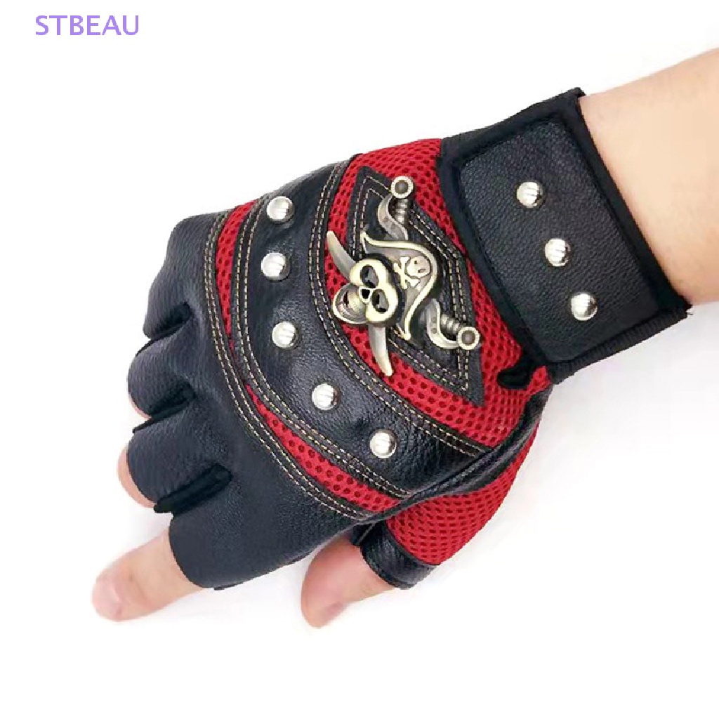 CxSTBEAU 1Pair Skulls Rivet PU Fingerless Gloves Men Women Fashion