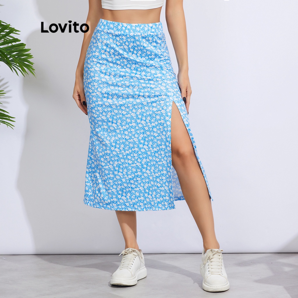 Lovito Cute Floral Print Split Thigh Women Skirts L Green Blue