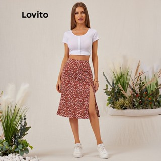 Lovito Casual Ditsy Floral Split A Line High Waist Midi Skirt For Woman