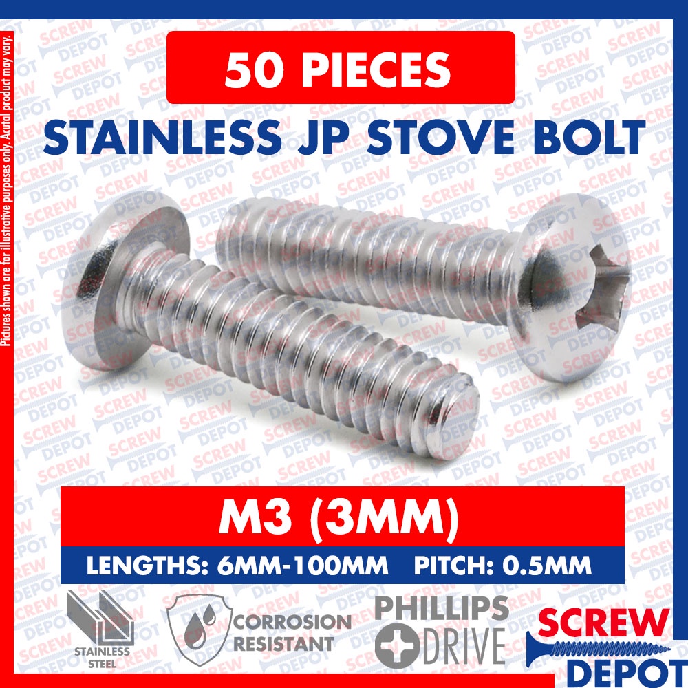 50 PCS M3 3mm STAINLESS JP Stove Bolt SS Roundhead Bolt SUS