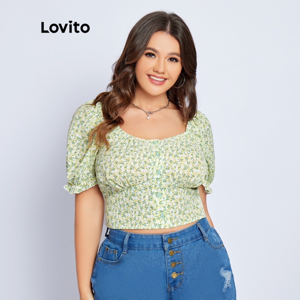 Lovito Plus Size Curve Casual Floral Delicate Texture Stretchy Fabric