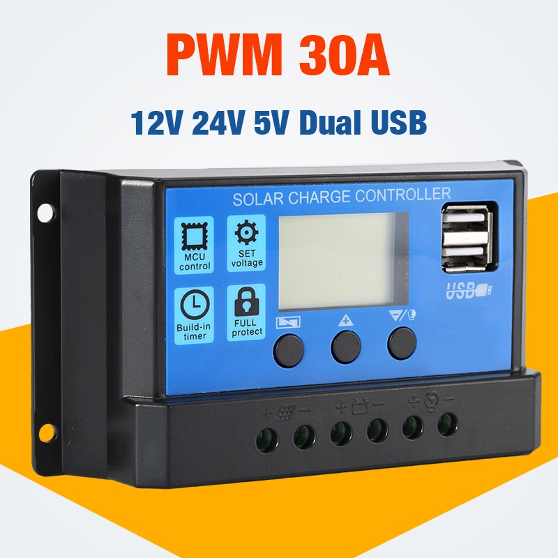 30A 12V 24V Auto Solar Charge Controller PWM Controllers LCD Dual USB