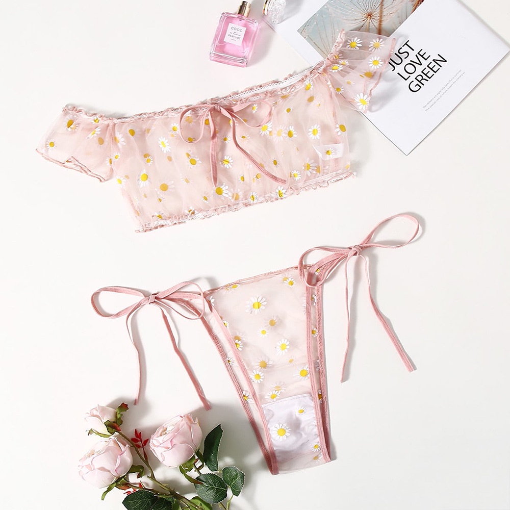 Women Sexy Mesh Lingerie Set Off Shoulder Flower Daisy Print Bra And