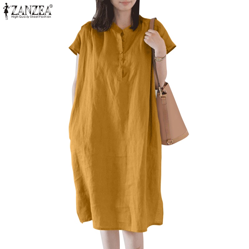 ZANZEA Women Korean Casual Loose Solid Short Sleeve Pleated Pockets