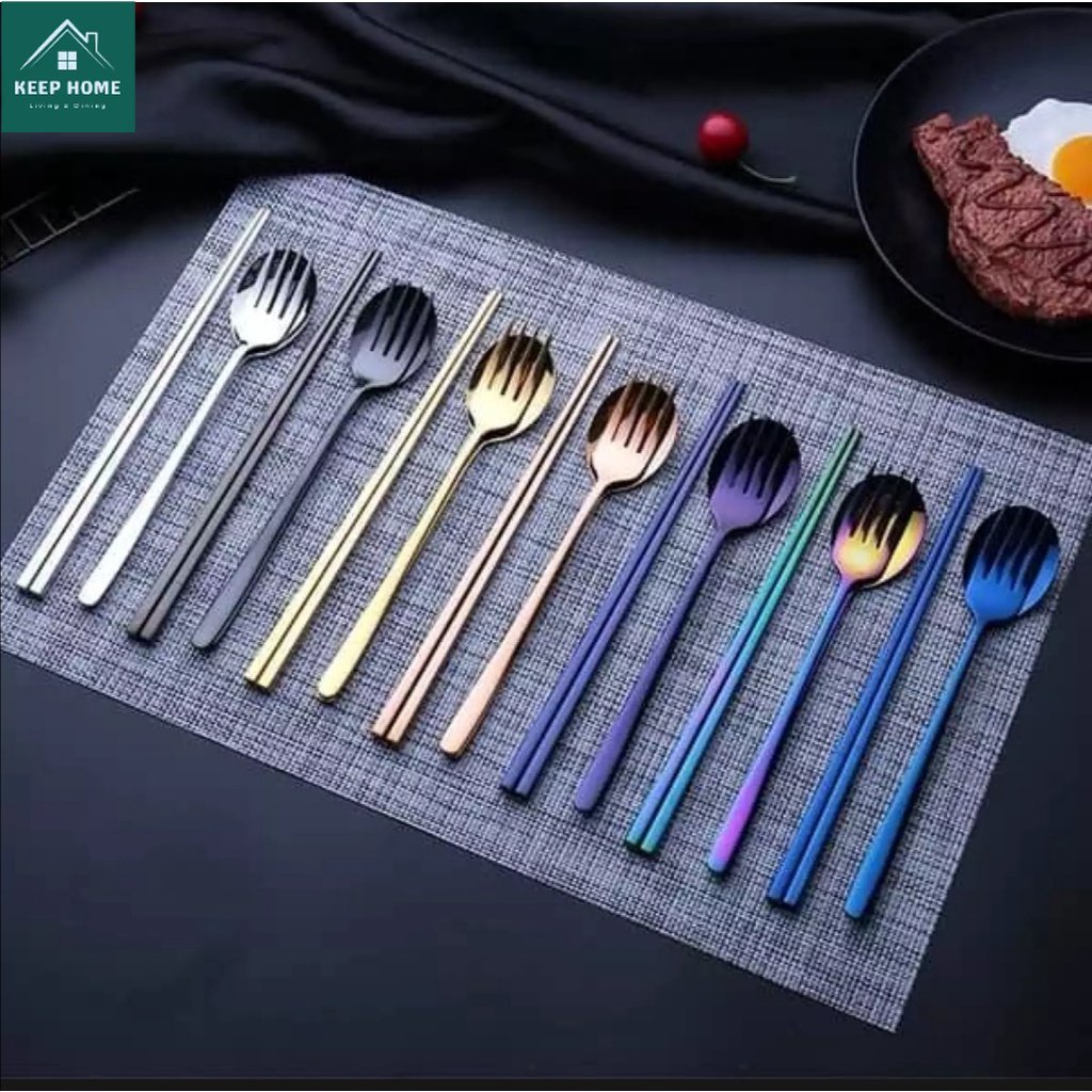 Keep Home Cutlery Set Korean Metal 3IN1 Chopsticks Spoon Fork 304