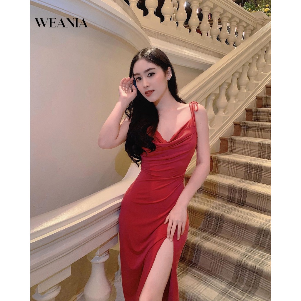 Weania New Setyle Women Sexy Low Cut Lace Up Shoulder High Split Midi