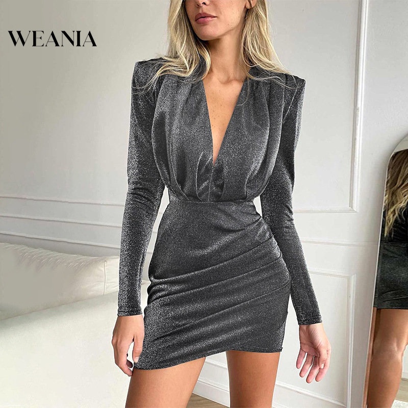 WEANIA Women S Elegant V Neck Pleated Shoulder Pad Long Sleeve Glitter