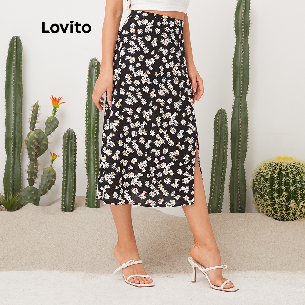 Essential Item Lovito Casual Floral Soft Print Split Skirt For Woman