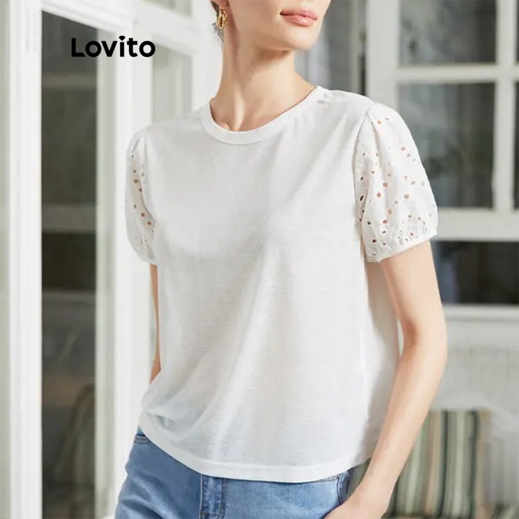 Essential Item Lovito Plain Stitching Puff Sleeve Lace Eyelet