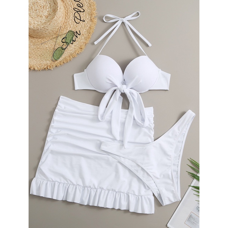 Push Up Pieces Bikini Set With Skirt White Thong Bathing Suit Women