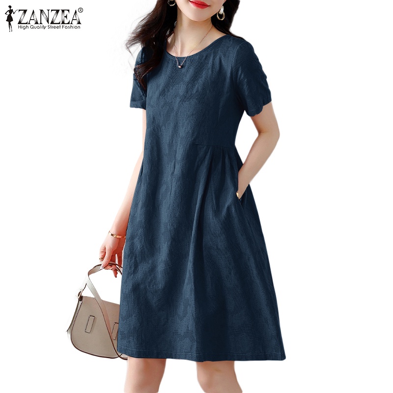 ZANZEA Women Korean Daily Short Sleeves O Neck Solid Color A Line