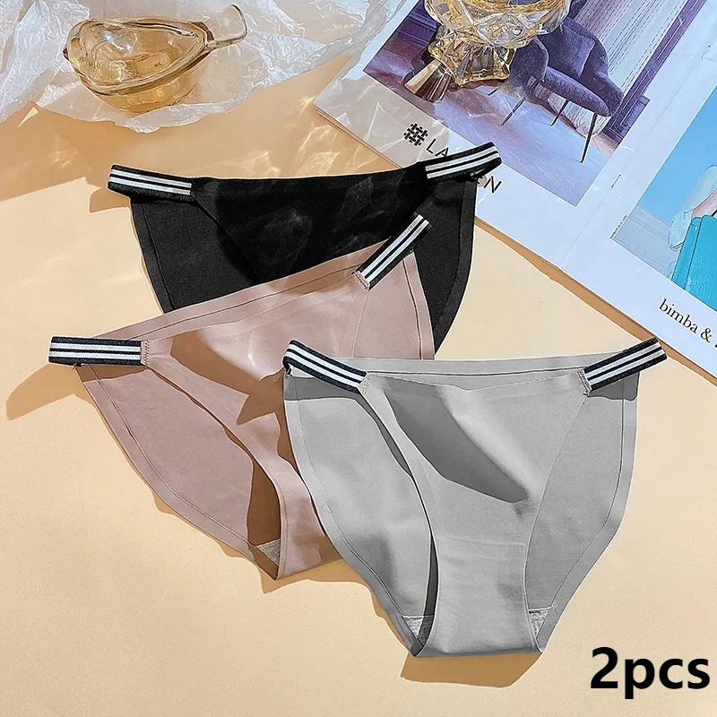 2Pcs Set Seamless Women S Ice Silk Low Waist Underwear Pure Sexy Cotton