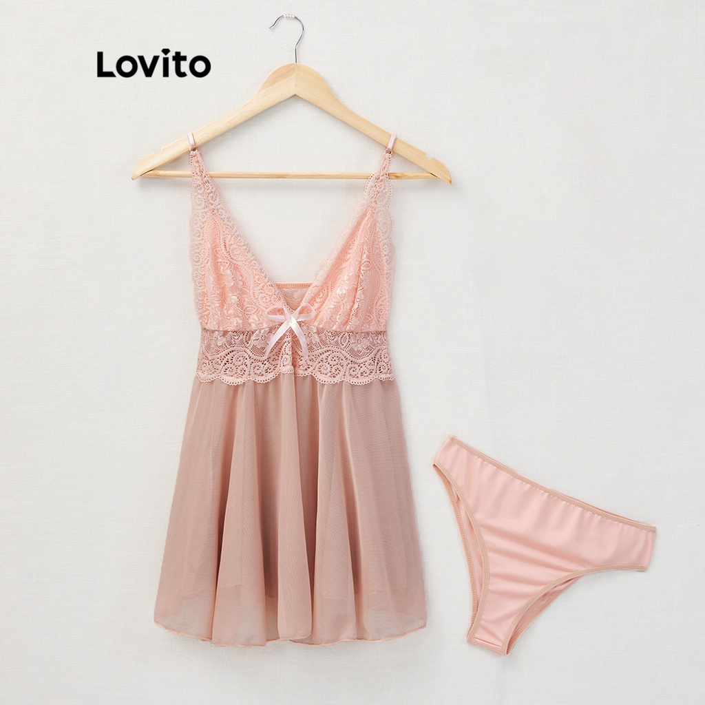 Lovito Sexy Lace High Waist Deep V Neck Nighties Sleepwear Lingerie Set