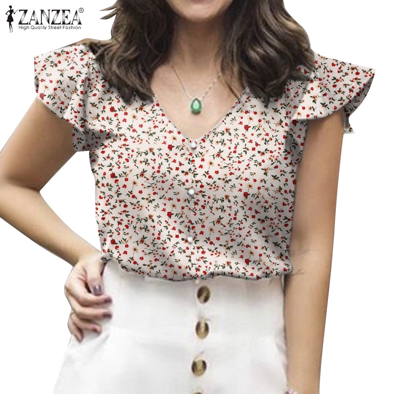 Zanzea Women Vintage Daily V Neck Fly Sleeves Ruffle Sleeves Floral