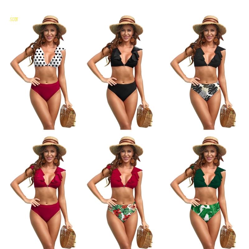 Sun Pcs Set Womens High Waisted Bikini Sets Ruffle Swimsuit High Cut