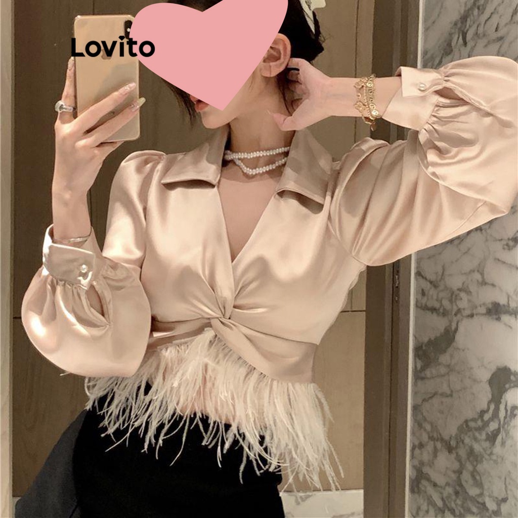 Lovito Elegant Plain Feather Knot Puff Sleeve Regular Fit V Neck Long