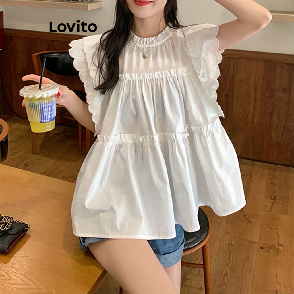 Lovito Women Ruffle Hem Blouses LNE17229 White Shopee Philippines