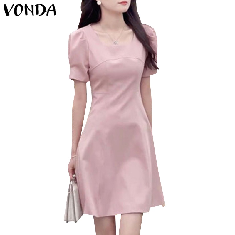 Vonda Women Korean Casual Round Neck Puff Sleeves Solid Color Elegant