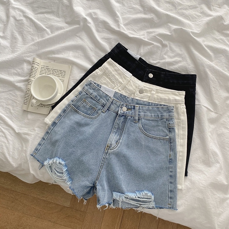 Solike Color Women Shorts Korean Style High Waist Ripped Denim Shorts