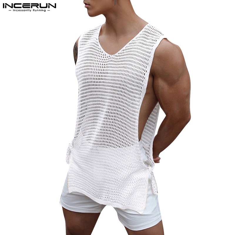 Incerun Men S Loose Hollow Out Fishing Net Split Breathable Sleeveless