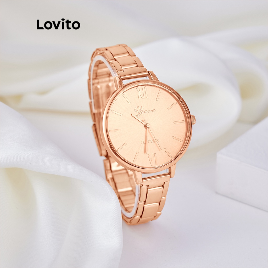 Lovito Elegant Plain Round Shapte Metal Strap Quartz Watch Lsp