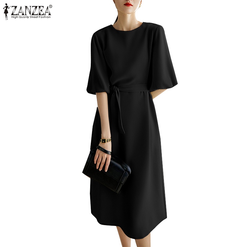 Zanzea Women Korean Casual Puff Sleeves Half Sleeves Round Neck Dress