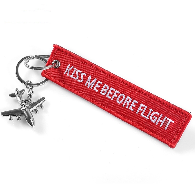 Red Kiss Me Before Flight Key Chain Label Embroidery Keychain With