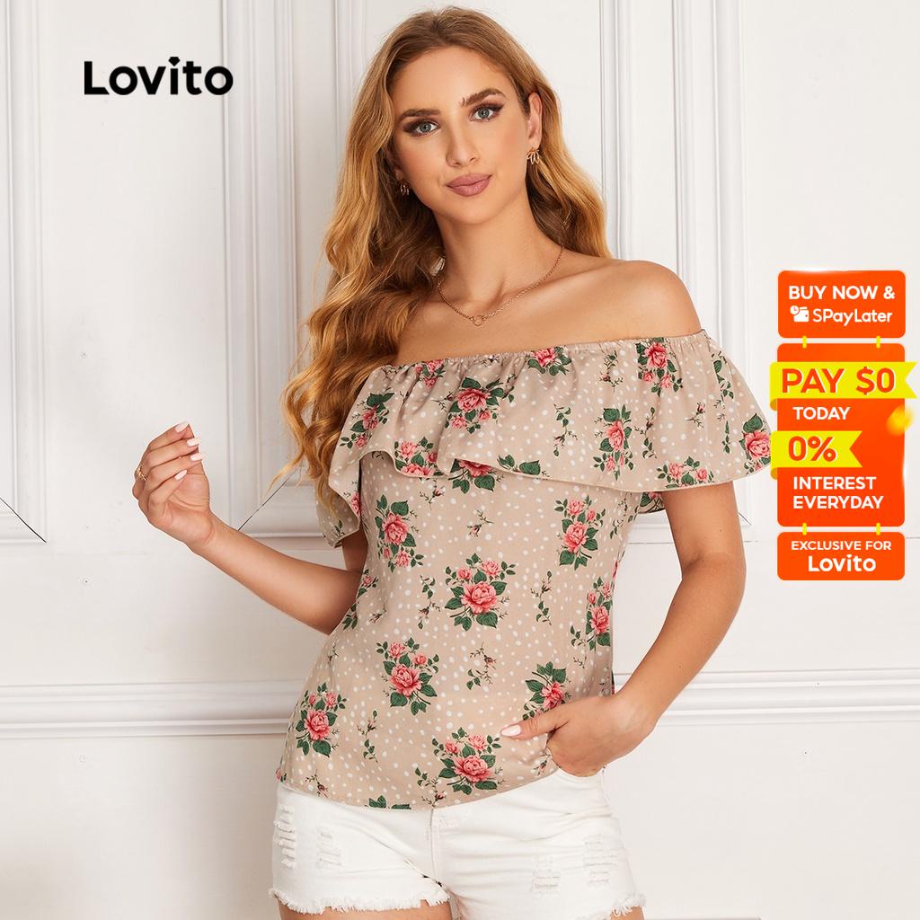 Lovito Casual Floral Ruffle Off Shoulder Blouse L D Apricot