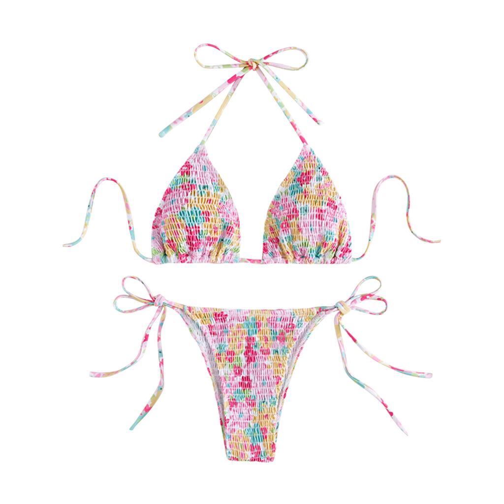 Women Swim Bikini Suit Sleeveless Hanging Neck Floral Bra Swimming Tops