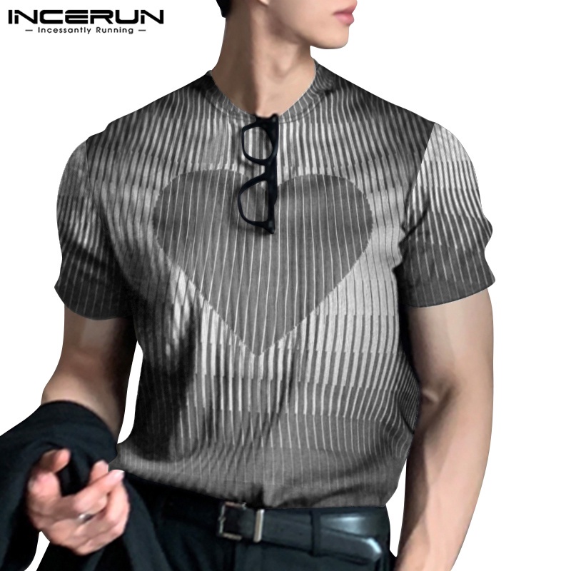 Incerun Men S Fashion Love Stripe Round Neck Short Sleeve T Shirt