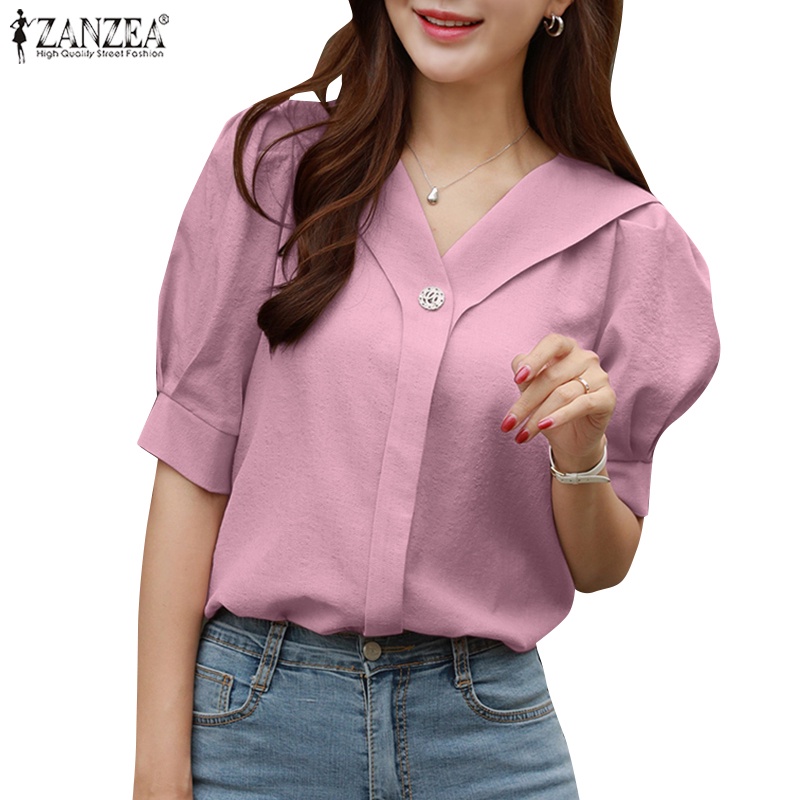 CELMIA ZANZEA Summer Women Puff Short Sleeve Blouse V Neck Elegant