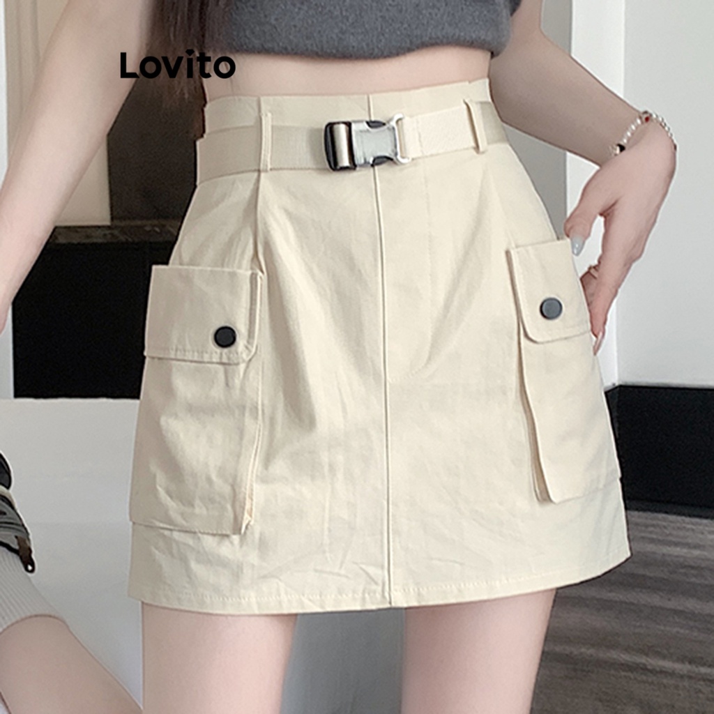 Lovito Women Buckle Pocket Structure Line Skirts Lne19063 Light Khaki