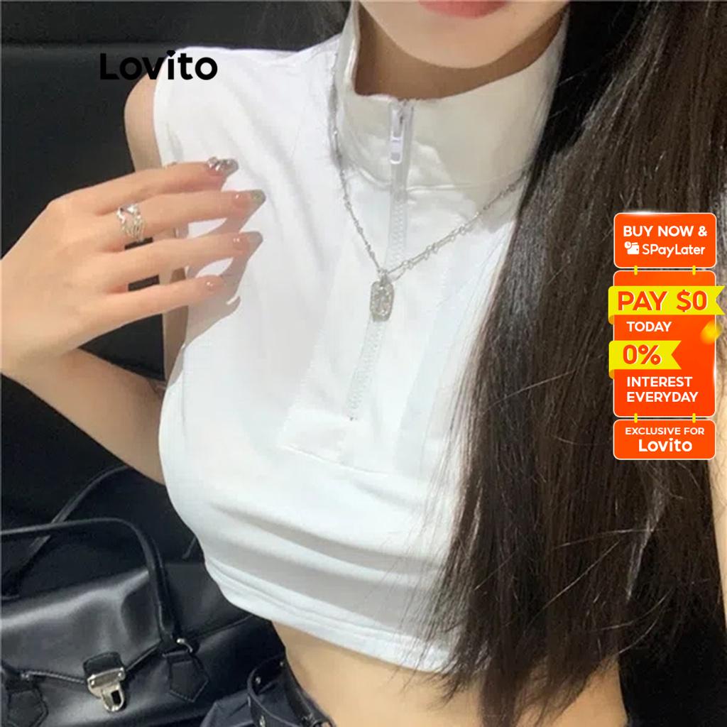 Lovito Casual Plain Zip Sleeveless Crop Tops For Women Lna White