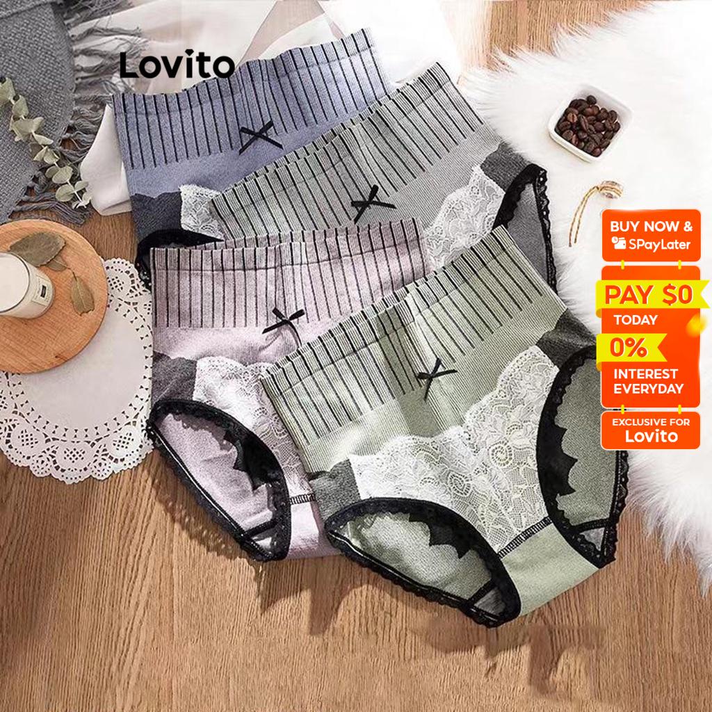 Lovito Cute Striped Lace Bow Front Colorblock Panties For Women