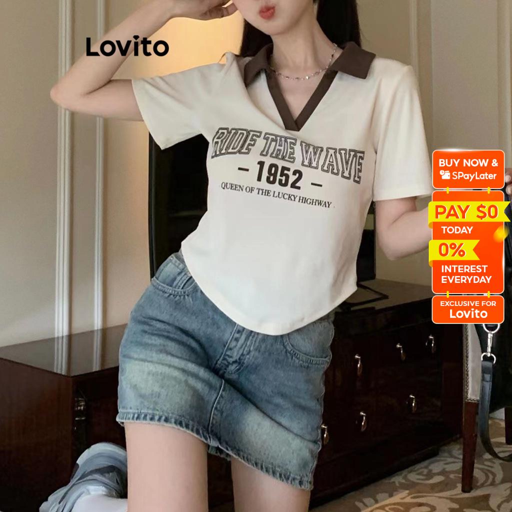 Lovito Casual Letter Colorblock Pattern T Shirt For Women LNE16231 Off