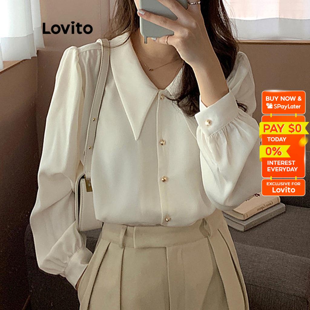 Lovito Elegant Plain Button Front Contrast Collar Long Sleeves Blouses