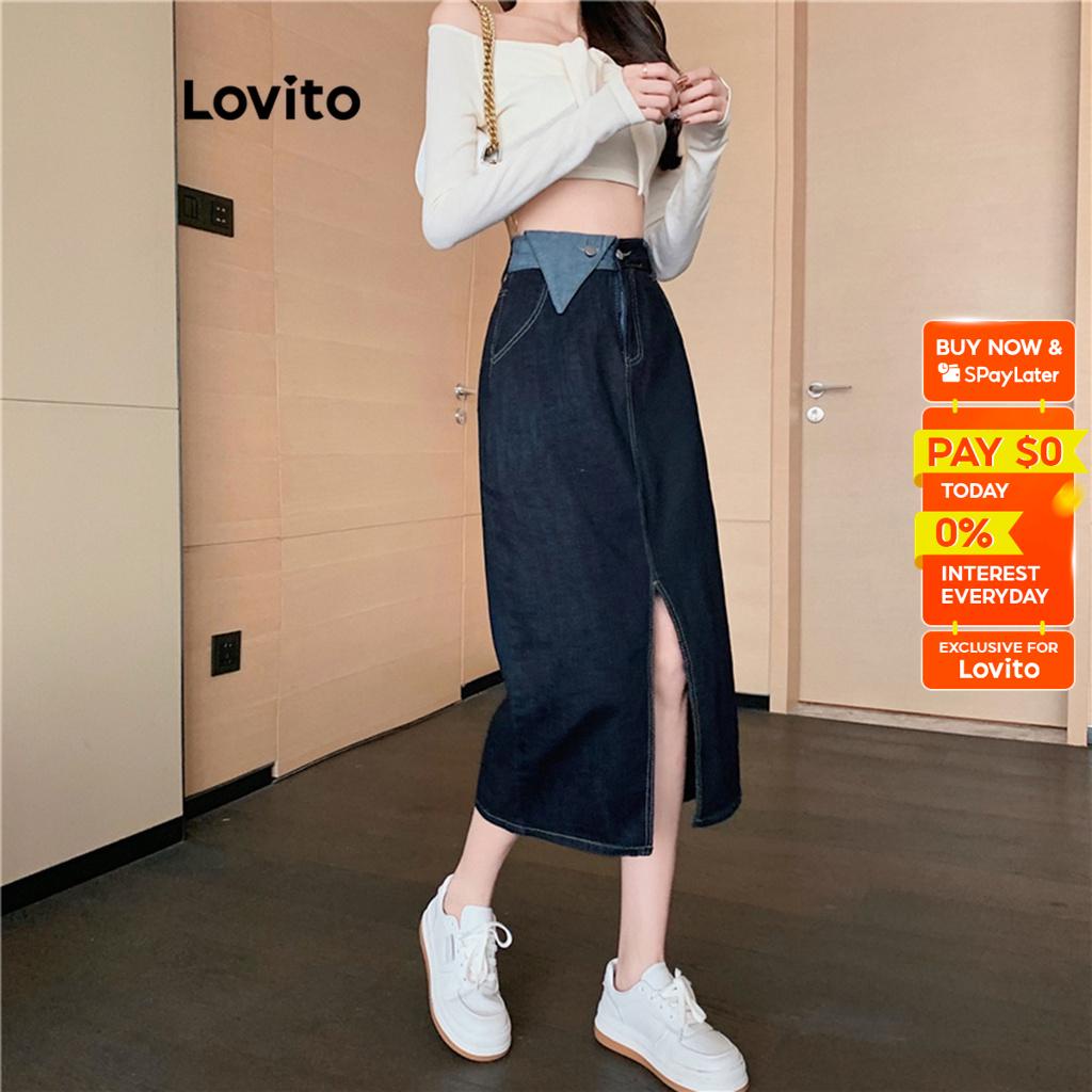 Lovito Casual Plain Split Denim Skirt For Women LNE16250 Dark Blue