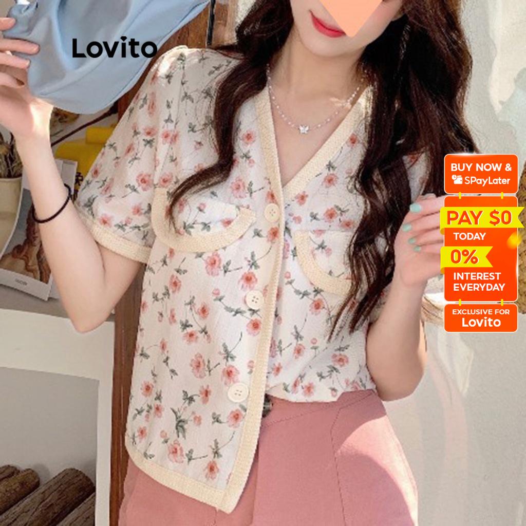 Lovito Casual Ditsy Floral Button Front Contrast Lace Blouse For Women